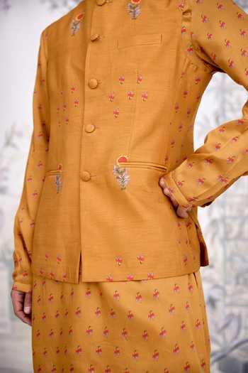 Buy_Shyam Narayan Prasad_Mustard Cotton Satin Embroidery Waistcoat Kurta Set 