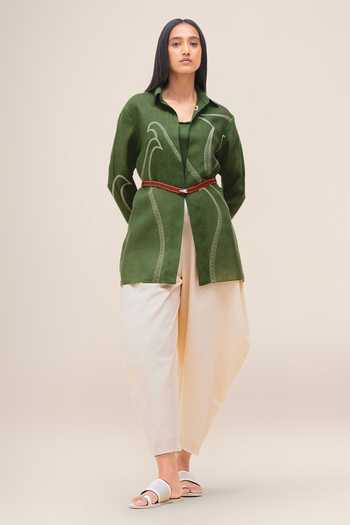 Ampm_Green Linen Collared Bulbul Shirt _at_Aza_Fashions