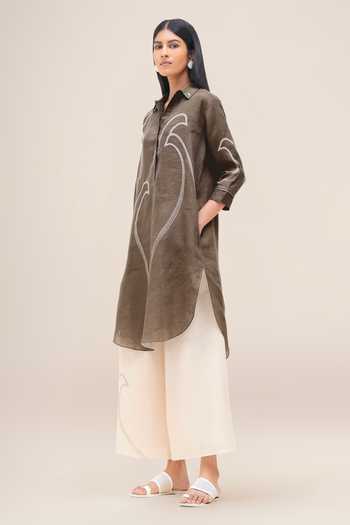 Ampm_Brown Linen Collared, Yes Yuhina Kurta And Palazzo Set _Online_at_Aza_Fashions