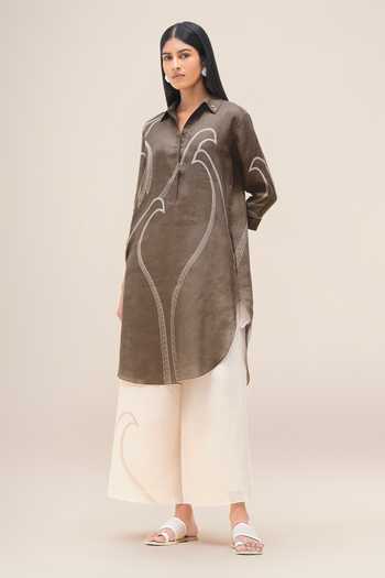 Buy_Ampm_Brown Linen Collared, Yes Yuhina Kurta And Palazzo Set _Online_at_Aza_Fashions