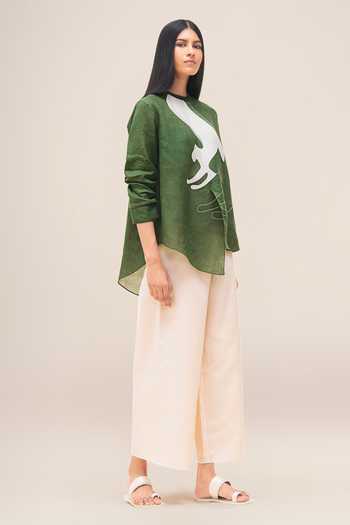 Shop_Ampm_Green Linen Round Neck Aquila Shirt And Palazzo Set _Online_at_Aza_Fashions