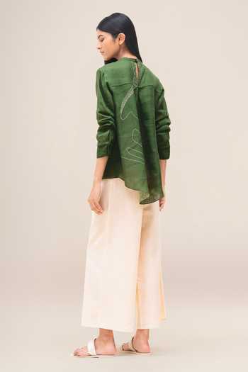 Ampm_Green Linen Round Neck Aquila Shirt And Palazzo Set _at_Aza_Fashions