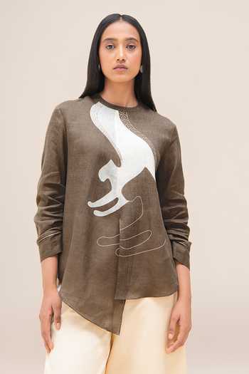 Shop_Ampm_Brown Linen Round Neck Aquila Shirt And Palazzo Set _Online_at_Aza_Fashions