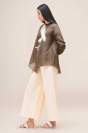 Ampm_Brown Linen Round Neck Aquila Shirt And Palazzo Set _at_Aza_Fashions