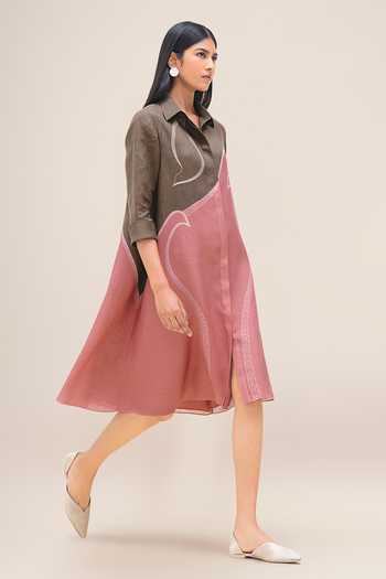 Ampm_Pink Linen Collared Lark Shirt Dress _Online_at_Aza_Fashions