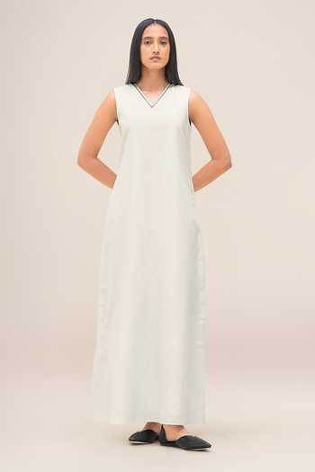 Shop_Ampm_Black Cotton, Linen Open Neck, Zenaida Abaya With Dress _Online_at_Aza_Fashions