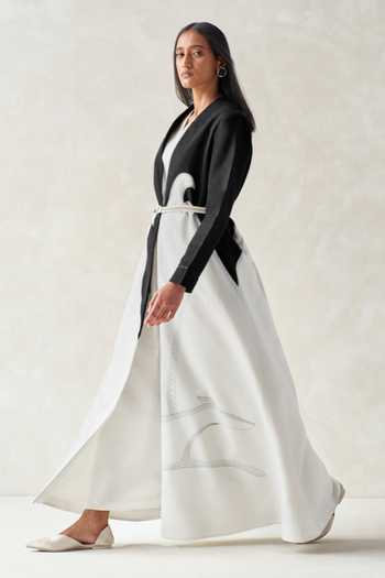 Ampm_Black Cotton, Linen Open Neck, Zenaida Abaya With Dress _at_Aza_Fashions