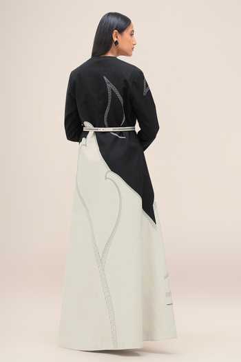 Ampm_Black Cotton, Linen Open Neck, Zenaida Abaya With Dress _Online_at_Aza_Fashions