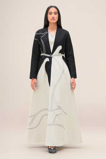 Shop_Ampm_Black Cotton, Linen Open Neck, Zenaida Abaya With Dress 