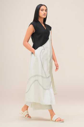 Buy_Ampm_Black Linen V-neck Swan Jacket And Palazzo Set _Online_at_Aza_Fashions