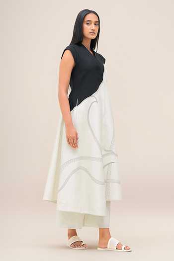 Shop_Ampm_Black Linen V-neck Swan Jacket And Palazzo Set _Online_at_Aza_Fashions