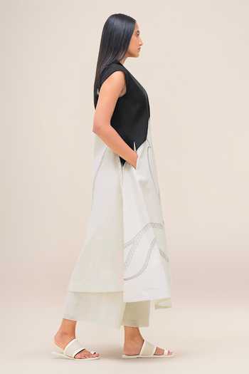 Ampm_Black Linen V-neck Swan Jacket And Palazzo Set _at_Aza_Fashions