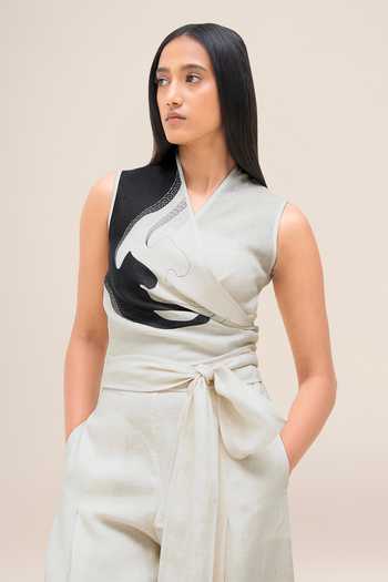 Ampm_Black Linen V-neck Robin Top And Pant Set _Online_at_Aza_Fashions