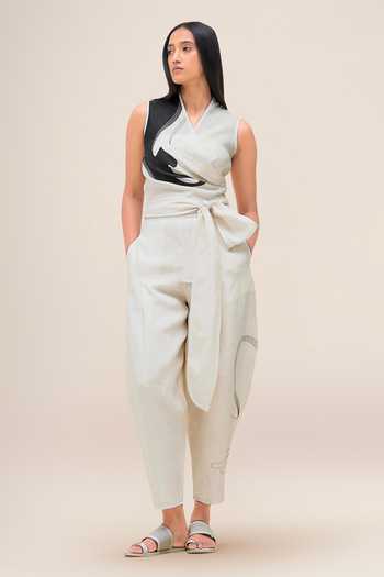 Shop_Ampm_Black Linen V-neck Robin Top And Pant Set _Online_at_Aza_Fashions