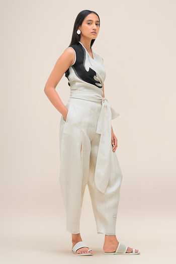 Ampm_Black Linen V-neck Robin Top And Pant Set _at_Aza_Fashions