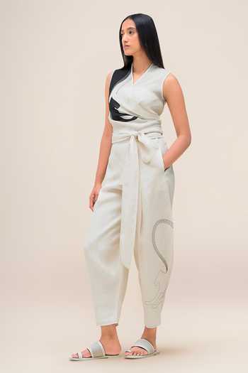 Shop_Ampm_Black Linen V-neck Robin Top And Pant Set 