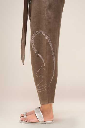 Ampm_Brown Linen V-neck Robin Top And Pant Set _Online_at_Aza_Fashions