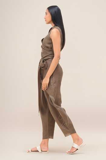 Buy_Ampm_Brown Linen V-neck Robin Top And Pant Set _Online_at_Aza_Fashions
