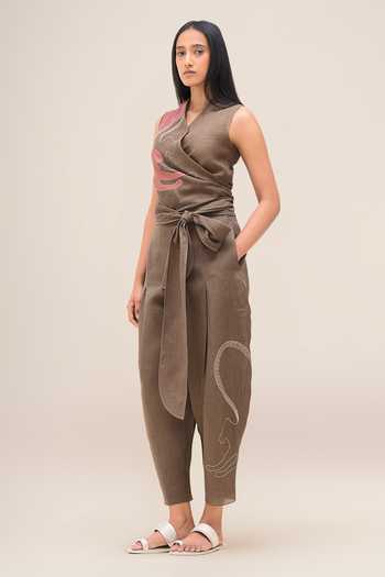 Shop_Ampm_Brown Linen V-neck Robin Top And Pant Set _Online_at_Aza_Fashions