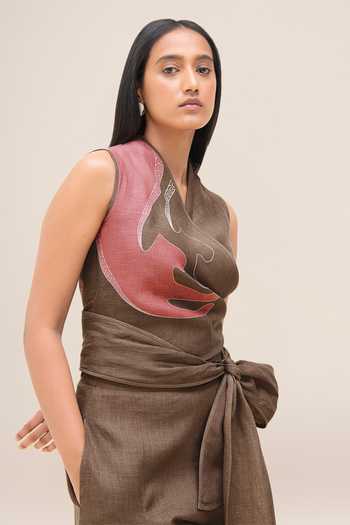 Ampm_Brown Linen V-neck Robin Top And Pant Set _at_Aza_Fashions