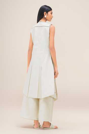 Buy_Ampm_Ivory Cotton, Linen V-neck, Yes Kashika Panelled Kurta And Pant Set _Online_at_Aza_Fashions