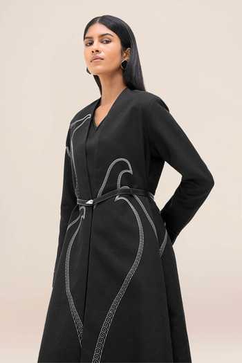 Buy_Ampm_Black Cotton, Linen Open Neck, Yes, Nightingale Abaya With Dress _Online_at_Aza_Fashions