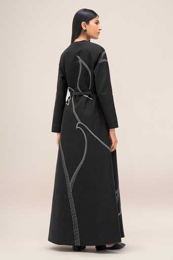 Ampm_Black Cotton, Linen Open Neck, Yes, Nightingale Abaya With Dress _Online_at_Aza_Fashions