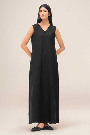 Shop_Ampm_Black Cotton, Linen Open Neck, Yes, Nightingale Abaya With Dress _Online_at_Aza_Fashions