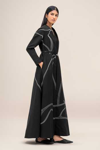 Ampm_Black Cotton, Linen Open Neck, Yes, Nightingale Abaya With Dress _at_Aza_Fashions