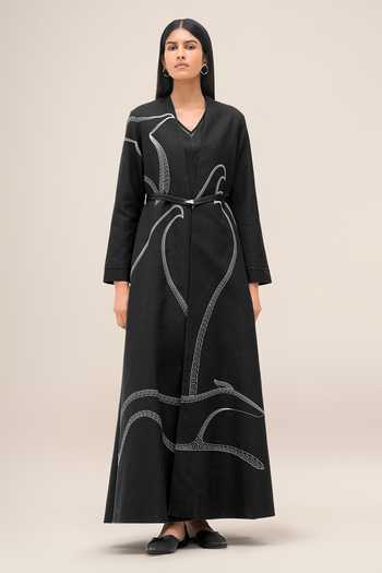 Buy_Ampm_Black Cotton, Linen Open Neck, Yes, Nightingale Abaya With Dress 