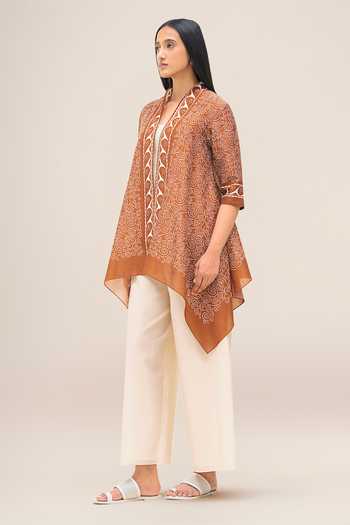 Ampm_Brown Chanderi Deora Printed Cape _Online_at_Aza_Fashions