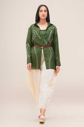Ampm_Cream Cotton, Linen Weaver Draped Pant _at_Aza_Fashions