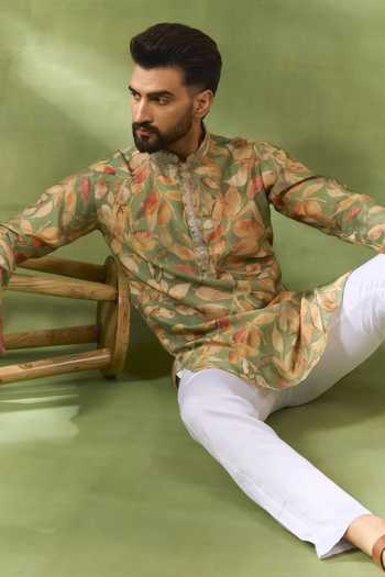 SPRING BREAK Green Silk, Cotton Botanical Print Kurta Set Online at Aza Fashions SPRING BREAK_Green Silk, Cotton Botanical Print Kurta Set _Online_at_Aza_Fashions