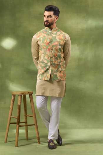 Spring Break_Green Silk, Satin, Botanical Print Bundi And Kurta Set _Online_at_Aza_Fashions