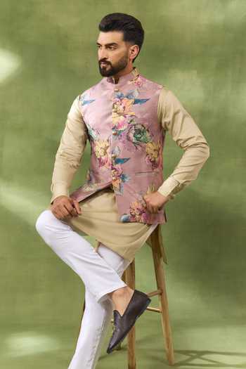 Spring Break_Pink Silk, Satin, Botanical Print Bundi And Kurta Set _Online_at_Aza_Fashions