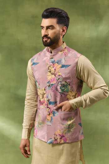 Buy_Spring Break_Pink Silk, Satin, Botanical Print Bundi And Kurta Set _Online_at_Aza_Fashions