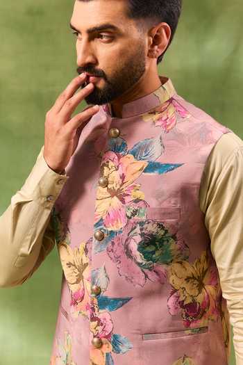 Shop_Spring Break_Pink Silk, Satin, Botanical Print Bundi And Kurta Set _Online_at_Aza_Fashions
