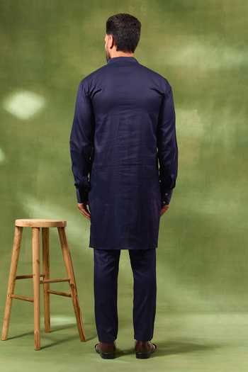 Spring Break_Blue Silk, , Satin Floral Woven Bundi And Kurta Set _Online_at_Aza_Fashions