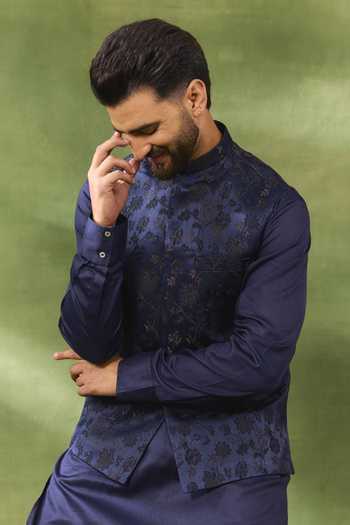 Shop_Spring Break_Blue Silk, , Satin Floral Woven Bundi And Kurta Set _Online_at_Aza_Fashions