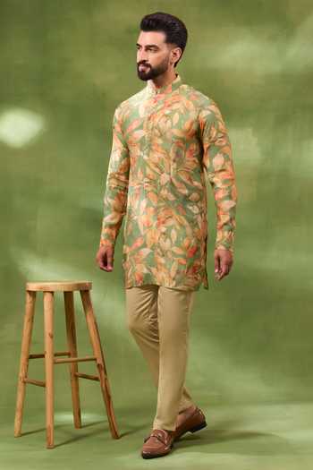Spring Break_Beige Cotton Satin, Silk Floral Print Bundi And Kurta Set _Online_at_Aza_Fashions