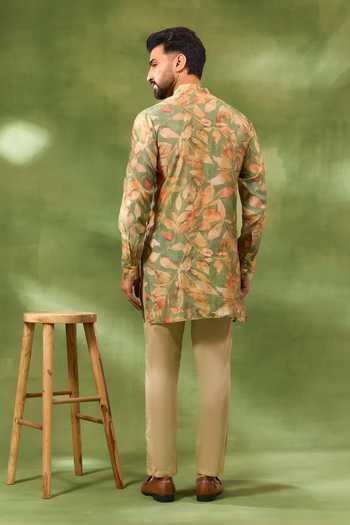 Buy_Spring Break_Beige Cotton Satin, Silk Floral Print Bundi And Kurta Set _Online_at_Aza_Fashions