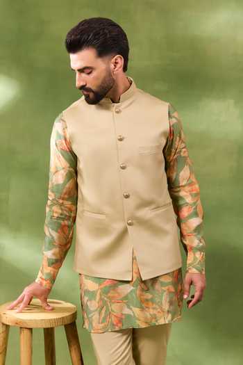 Shop_Spring Break_Beige Cotton Satin, Silk Floral Print Bundi And Kurta Set _Online_at_Aza_Fashions