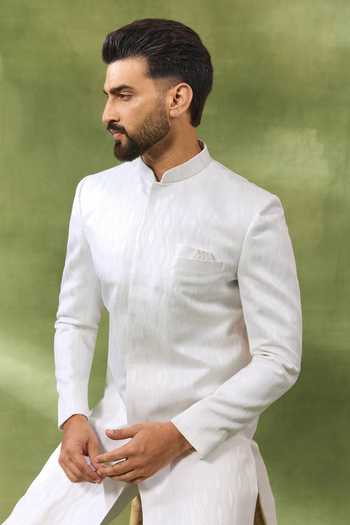 Buy_Spring Break_White Silk, , Satin Jacquard Woven Sherwani Set _Online_at_Aza_Fashions