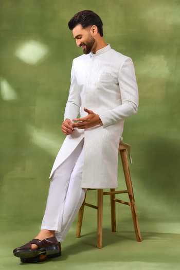 Shop_Spring Break_White Silk, , Satin Jacquard Woven Sherwani Set _Online_at_Aza_Fashions