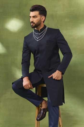 Spring Break_Blue Silk, , Satin Jacquard Woven Sherwani Set _Online_at_Aza_Fashions