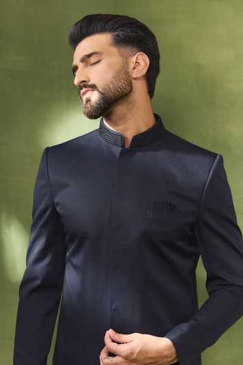 Shop_Spring Break_Blue Silk, , Satin Jacquard Woven Sherwani Set _Online_at_Aza_Fashions
