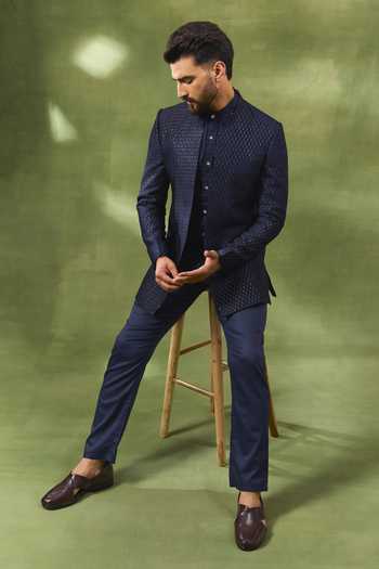 Spring Break Blue Silk, Cotton Satin Embroidery Bandhgala And Kurta Set Online at Aza Fashions Spring Break_Blue Silk, Cotton Satin Embroidery Bandhgala And Kurta Set _Online_at_Aza_Fashions