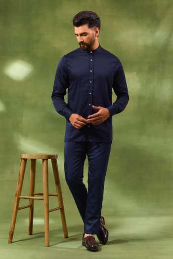 Shop Spring Break Blue Silk, Cotton Satin Embroidery Bandhgala And Kurta Set Online at Aza Fashions Shop_Spring Break_Blue Silk, Cotton Satin Embroidery Bandhgala And Kurta Set _Online_at_Aza_Fashions