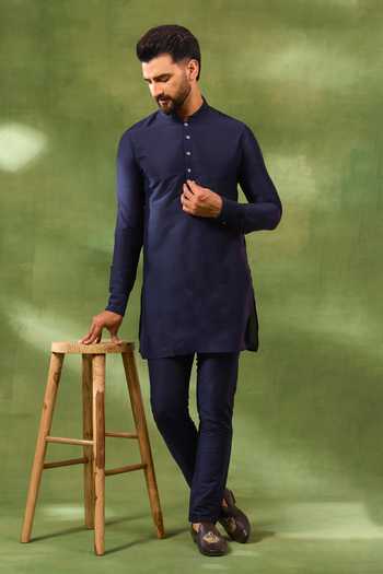 Buy_Spring Break_Blue Silk, , Jacquard, Satin Embroidery Woven Bandhgala And Kurta Set _Online_at_Aza_Fashions
