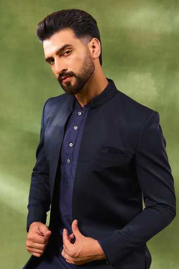 Shop_Spring Break_Blue Silk, , Jacquard, Satin Embroidery Woven Bandhgala And Kurta Set _Online_at_Aza_Fashions